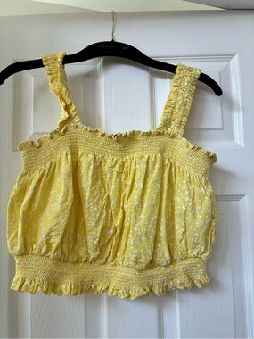 Smocked Yellow Floral Crop Top with Ruffle Hem